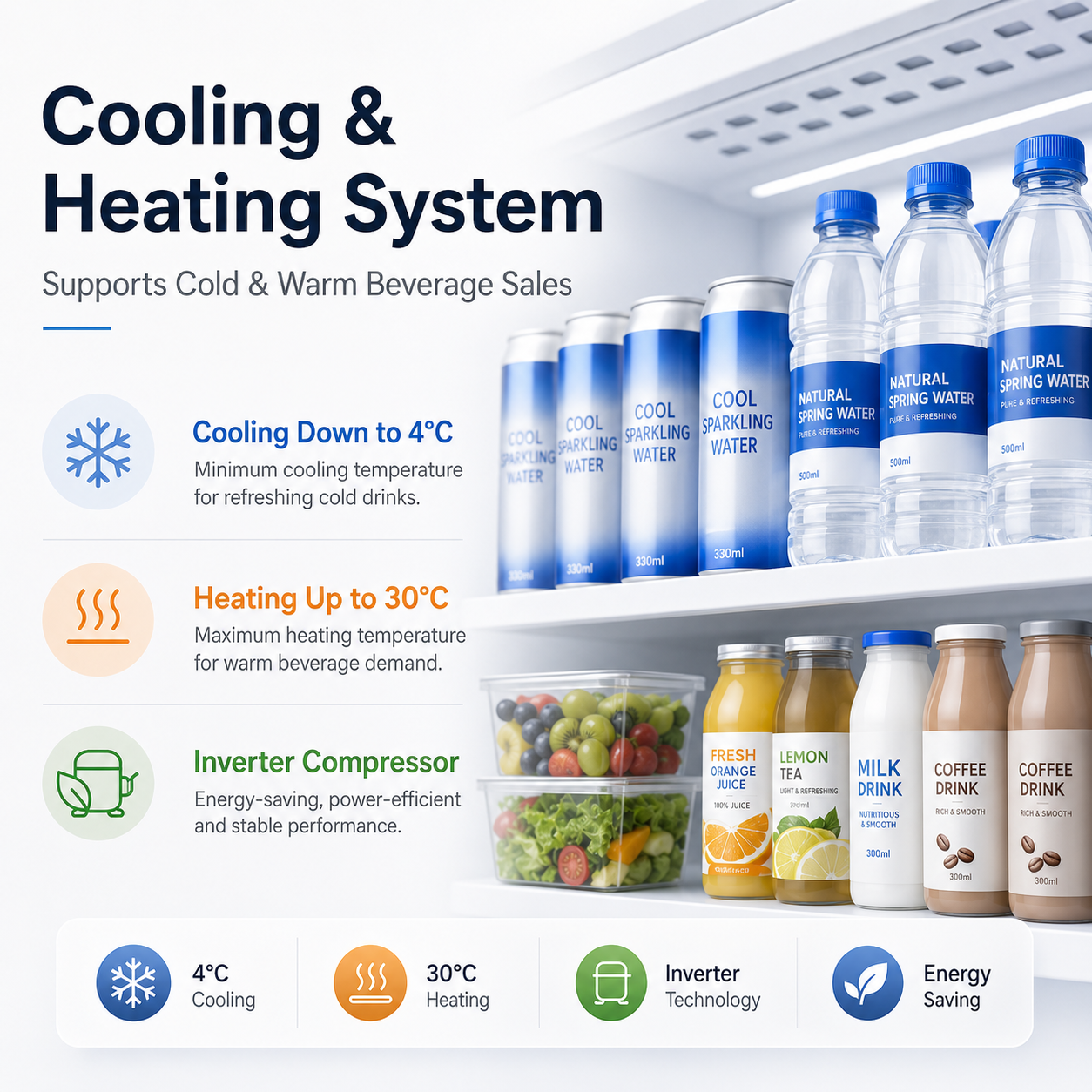 The dual cooling & heating design of 8-Inch Touchscreen 520L AI Vending Machine.png