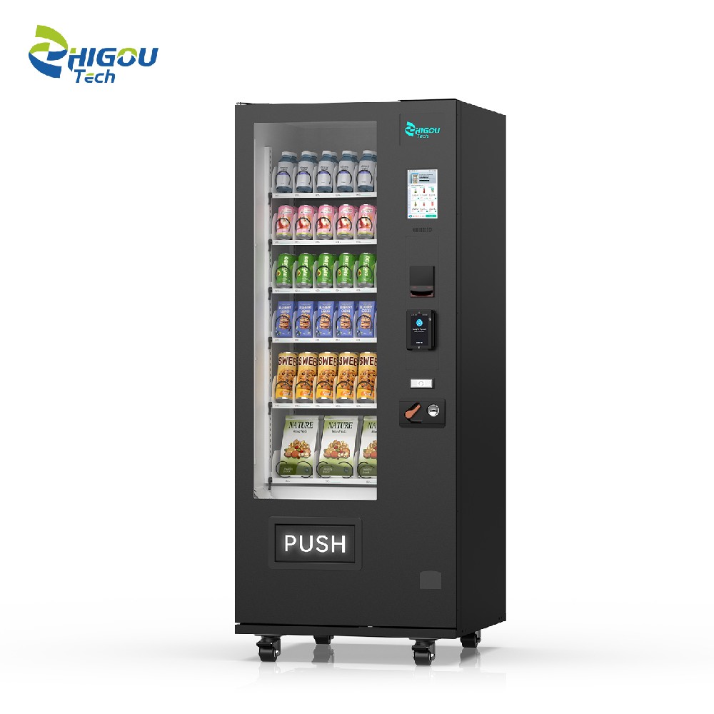 Zhiguo Tech 36-Channel Refrigerated Spring Vending Machine with External 8-Inch Touch Screen Card Reader. Supports OEM customization, temperature control, payment method options, color customization, and API integration.