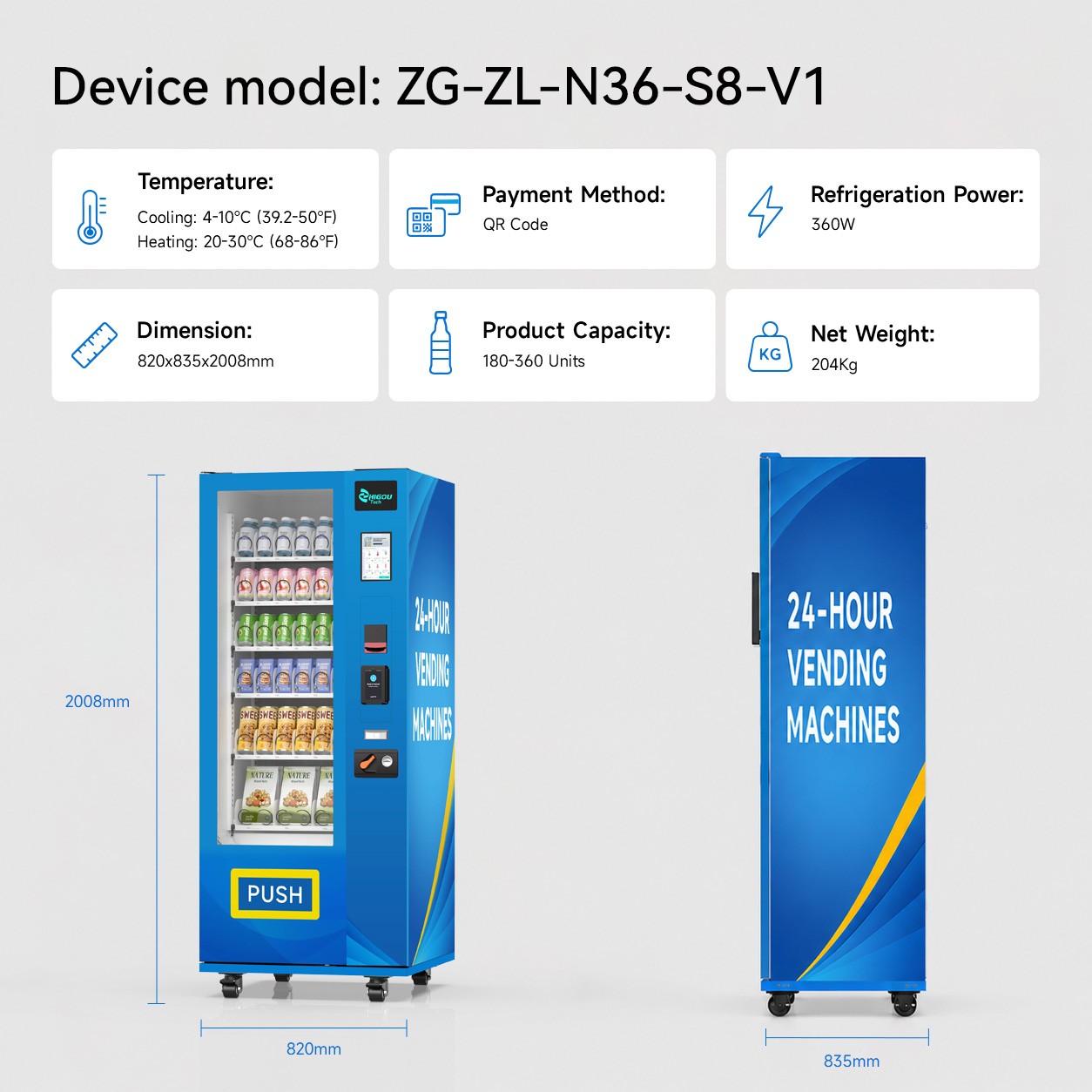 8" Touchscreen Spiral Vending Machine with 36 Slots and Multi-Payment System